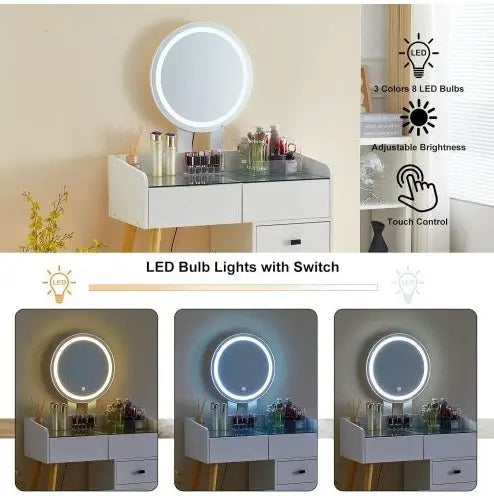 Dressing Table With LED Lights Glass Top 5 Drawers My Store