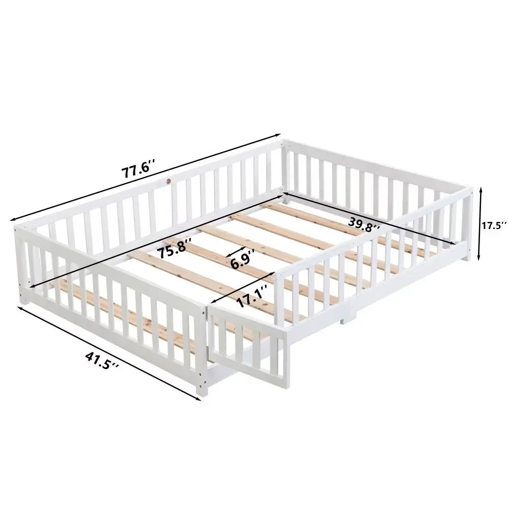 Twin Size Floor Bed With Door,Solid Wood Platform Bed Frame With Fence,Suitable For Children,Pine Wood, My Store
