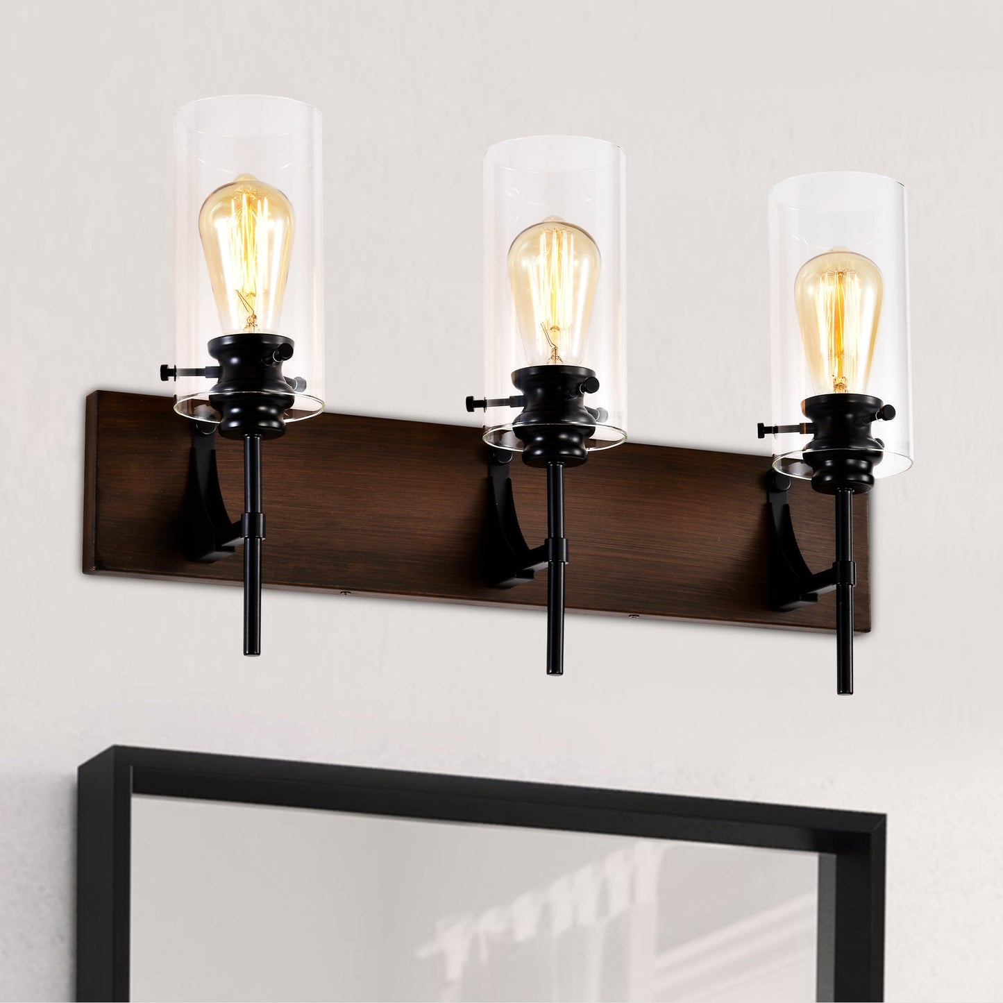 3-Light Matte Black Wood Color Bathroom Light Fixture Inkedjoy