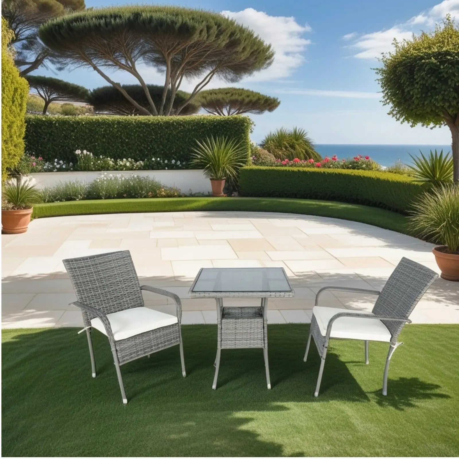 3 Piece Patio Wicker Conversation Set Grey Wicker  White Cushion My Store