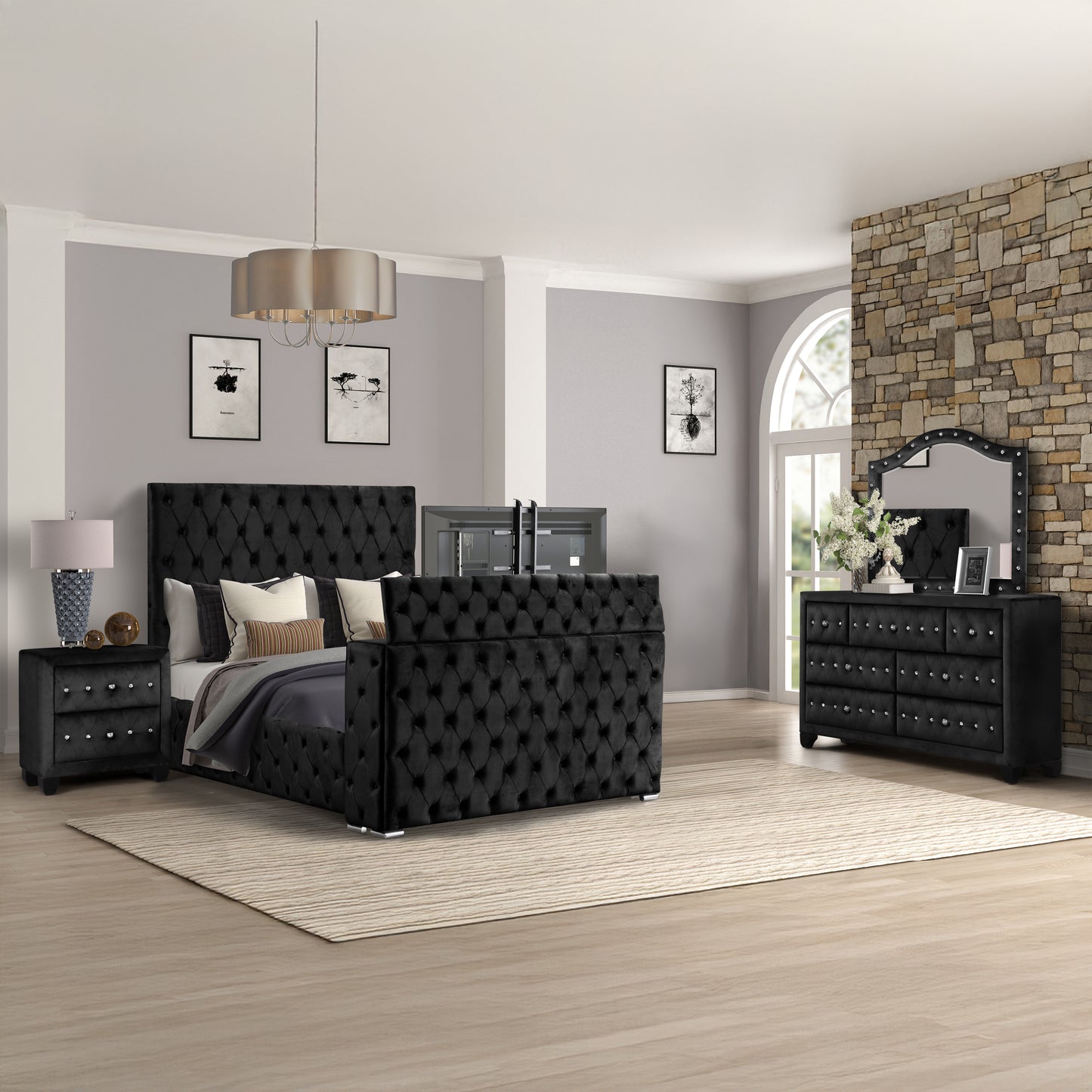 Modern Style Tufted Upholstered King 5PC Vanity Bedroom Set Wood in Black - Ohberri
