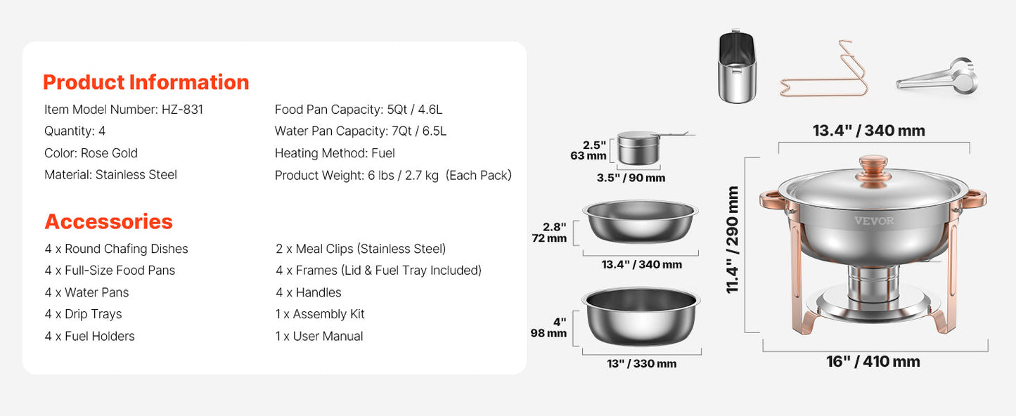4 Pack Chafing Dish Buffet Set Stainless Steel Chafer w/4 Full Size Pan Round Catering Warmer Ohberri