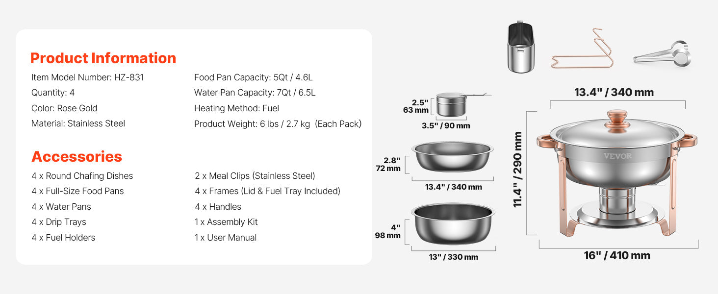 4 Pack Chafing Dish Buffet Set Stainless Steel Chafer w/4 Full Size Pan Round Catering Warmer Ohberri