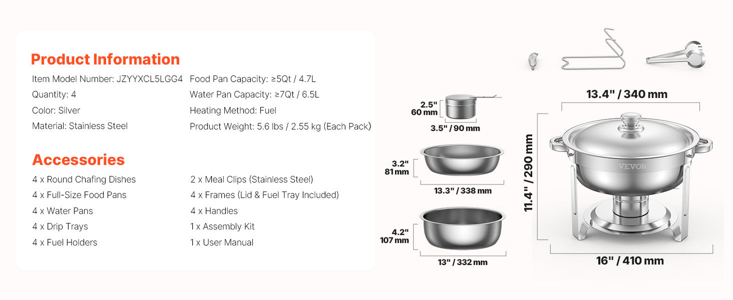 4 Pack Chafing Dish Buffet Set Stainless Steel Chafer w/4 Full Size Pan Round Catering Warmer Ohberri