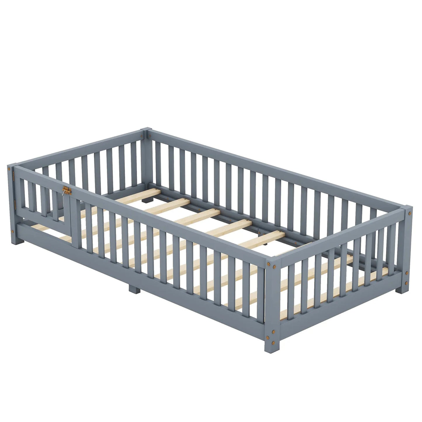 Twin Size Bed Floor Bed With Safety Guardrails And Door For Kids, Gray My Store
