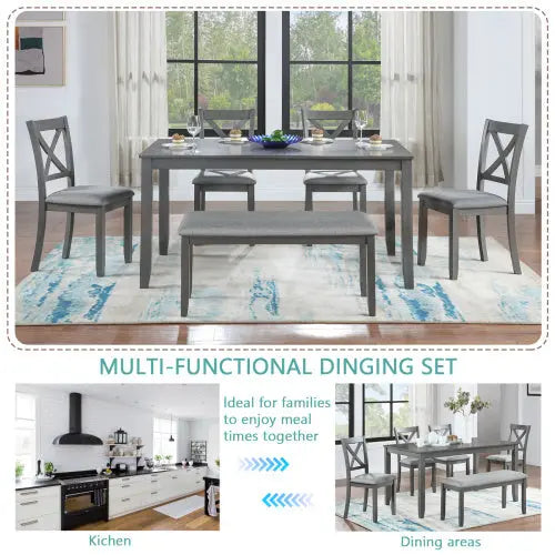 6 Piece Kitchen Dining Set, Rectangular Wooden Dining Table With 4 Upholstered Chairs And A Bench My Store