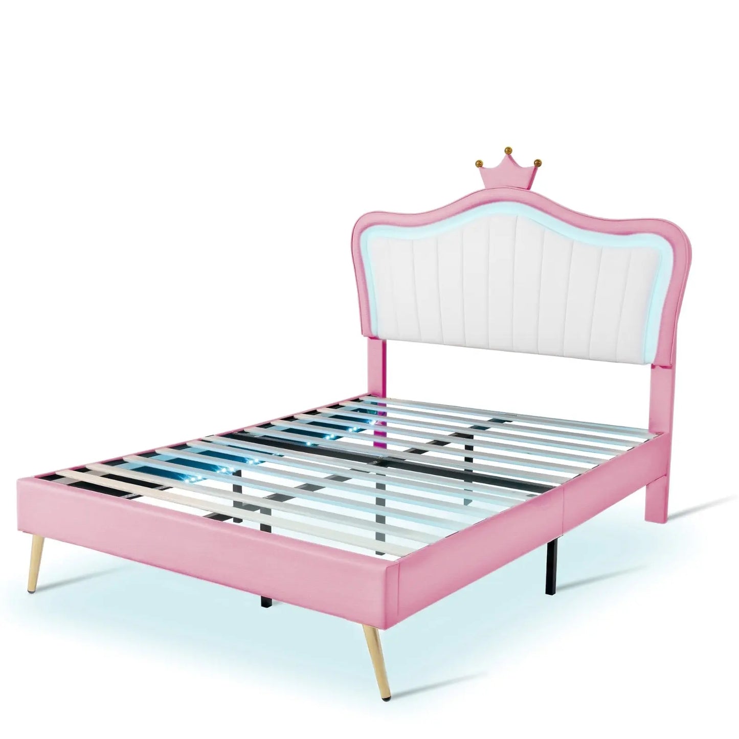 Full Size Upholstered Bed Frame With LED Lights & Crown Headboard My Store