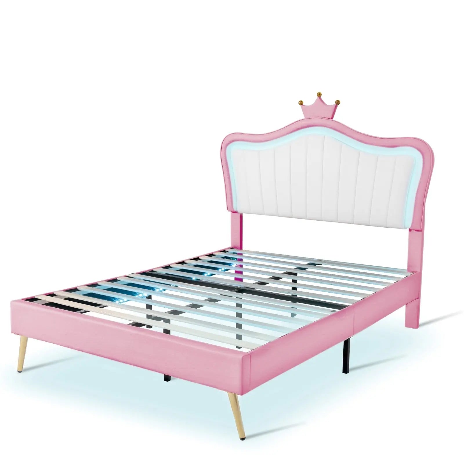 Full Size Upholstered Bed Frame With LED Lights & Crown Headboard My Store