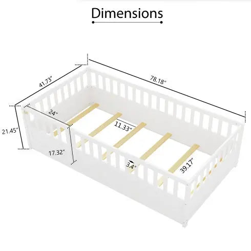 Twin Size Floor Bed, Integral Construction With Super High Security Barrier, Door, Children's Floor Bed Frame, Montessori Wooden Children's Floor Bed, Support Slat White My Store