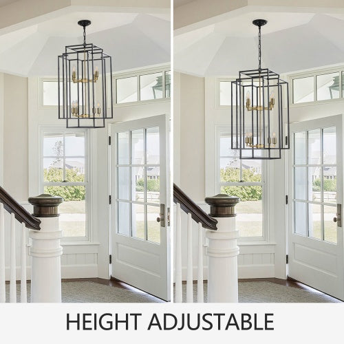 8 Lights Black & Gold Lantern Tiered Chandelier, Industrial Farmhouse Chandelier Inkedjoy