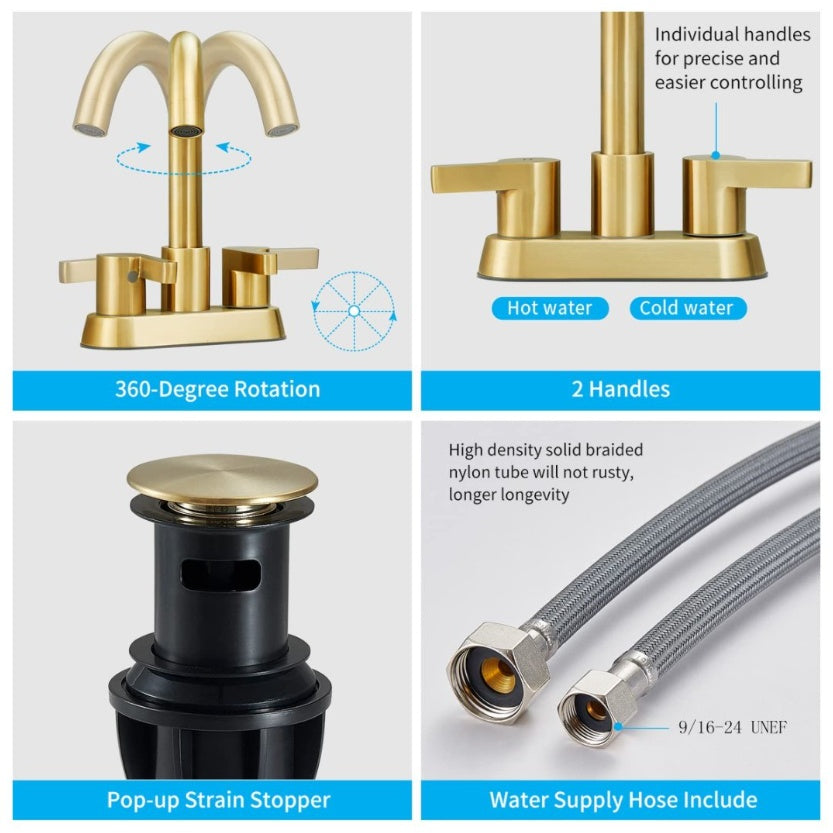Brushed Gold Bathroom Faucet 4 Inch 2 Handle, Swivel Spout With Brass Drain My Store