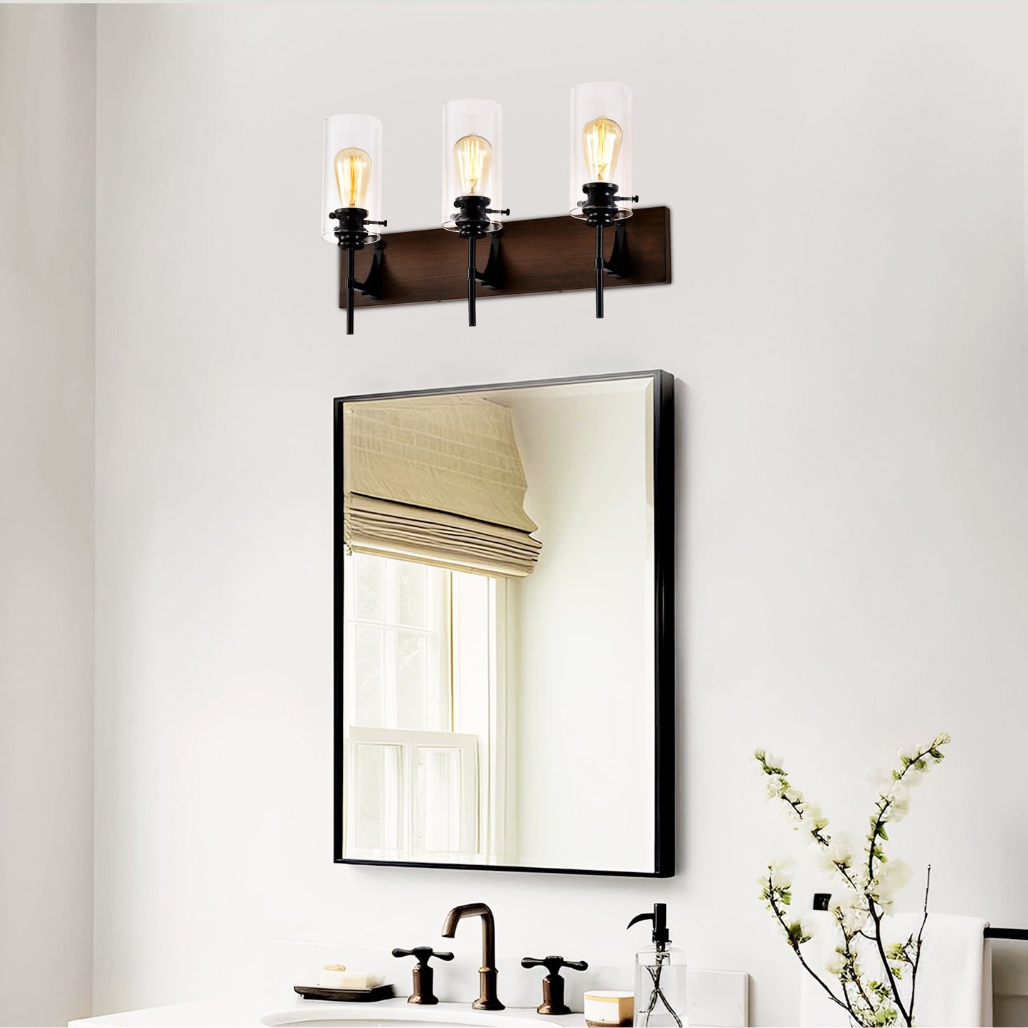 3-Light Matte Black Wood Color Bathroom Light Fixture Inkedjoy