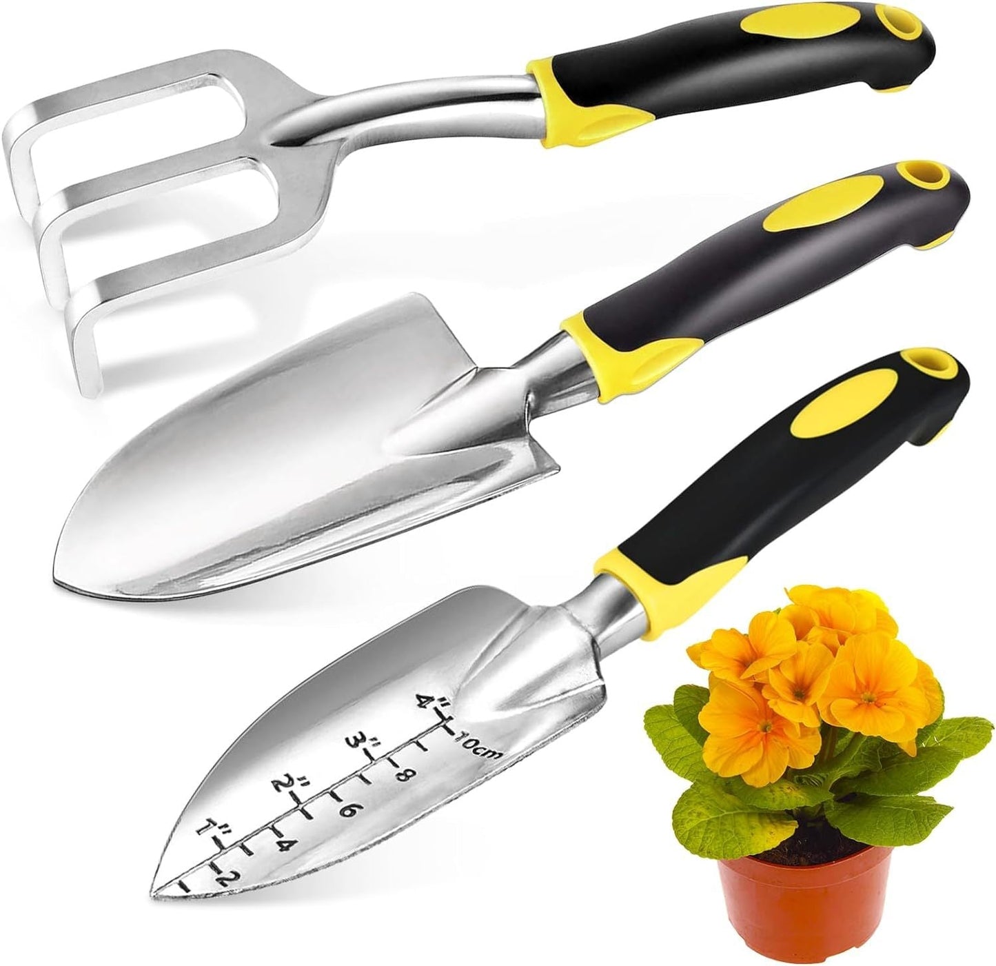 Gardening Hand Tools 3 Piece Set - Heavy Duty Garden Trowel, Trans-planter, Hand Rake - Ergo Grip Handle Inkedjoy