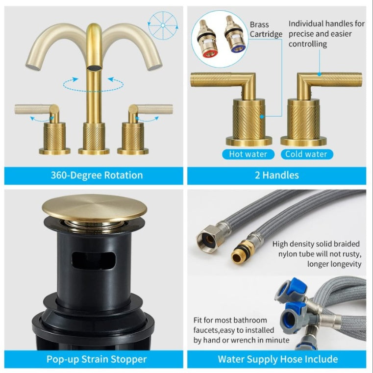 2 Handle 8 Inch Bathroom Sink Faucets Stainless Steel- Brushed Gold Ohberri