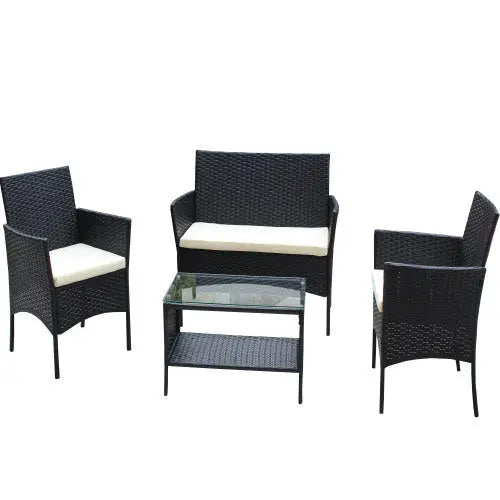 4 PC Rattan Patio Furniture Set Outdoor Patio Cushioned Seat Wicker Sofa Beige Cushion My Store