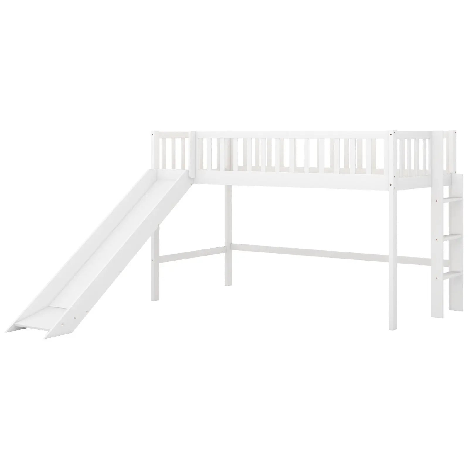 Twin Size Low Loft Bed With Ladder And Slide,White My Store