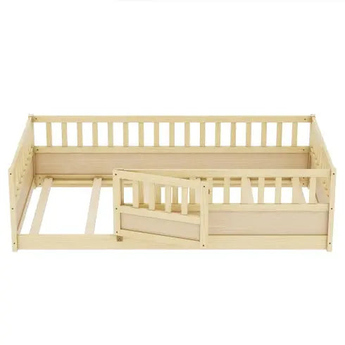 Twin Size Floor Bed, Integral Construction With Super High Security Barrier, Door, Children's Floor Bed Frame, Montessori Wooden Children's Floor Bed, Support Slat White My Store
