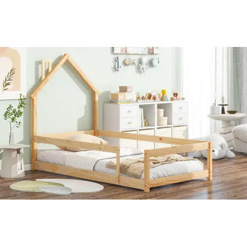Twin Size Wood Bed With House-shaped Headboard Floor Bed With Fences,Natural My Store