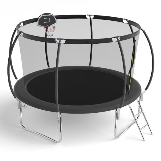 12 FT TRAMPOLINE BLACK PUMPKIN-STYLE SAFETY NET WITH BASKETBALL HOOP My Store