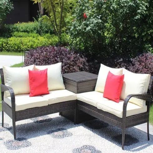 3 Piece Patio Sectional Wicker Rattan Outdoor Furniture Sofa Set With Storage Box Brown My Store