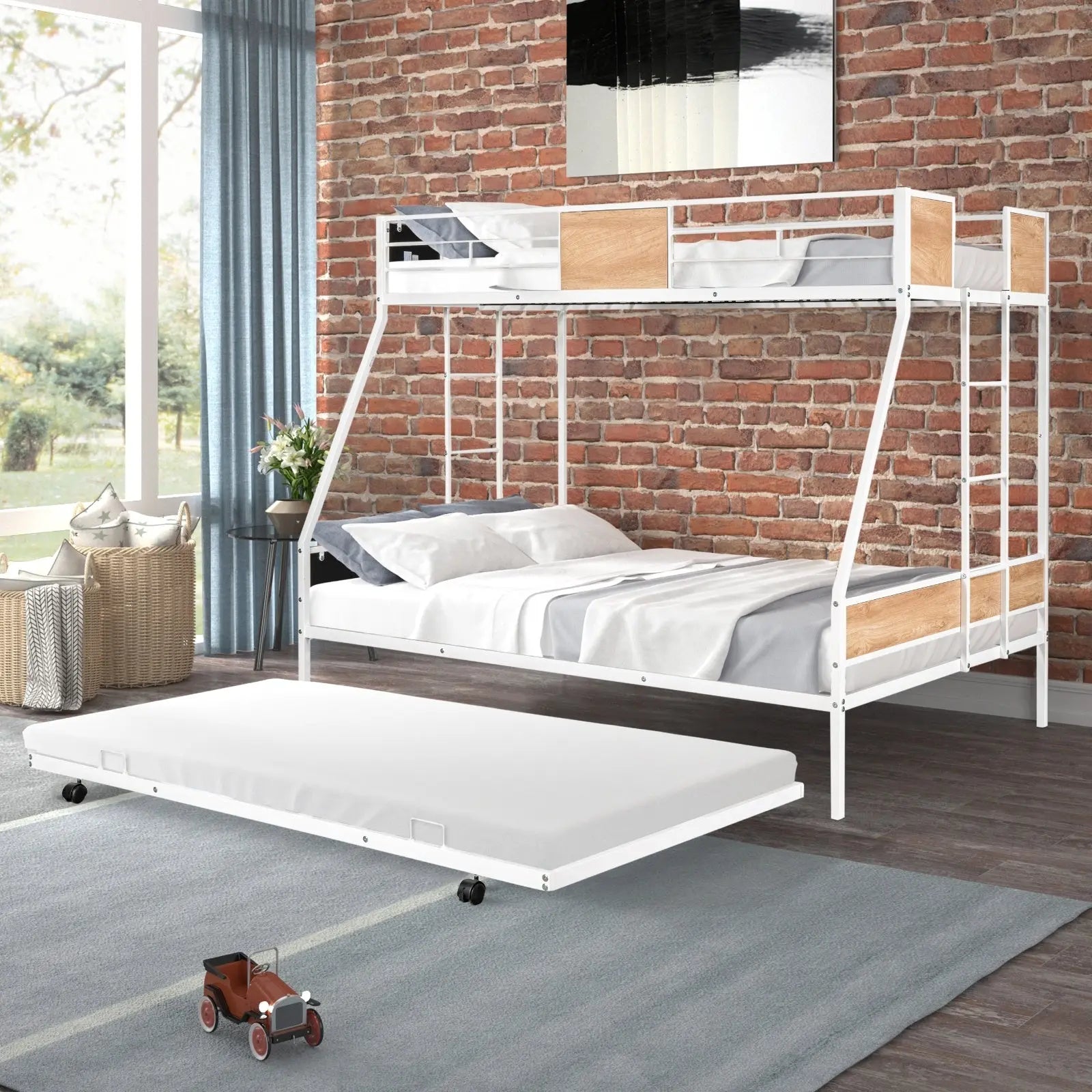 Metal Twin Over Full Bunk Bed With Trundle, Heavy-Duty, Noise Reduced, Guardrail My Store