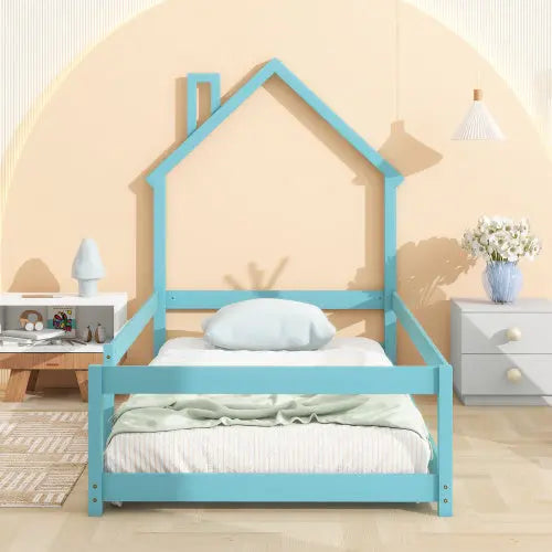 Twin Size Wood Bed With House-shaped Headboard Floor Bed With Fences,Light Blue My Store