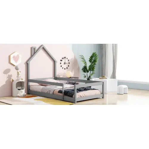 Twin Size Wood Bed With House-shaped Headboard Floor Bed With Fences,Grey My Store