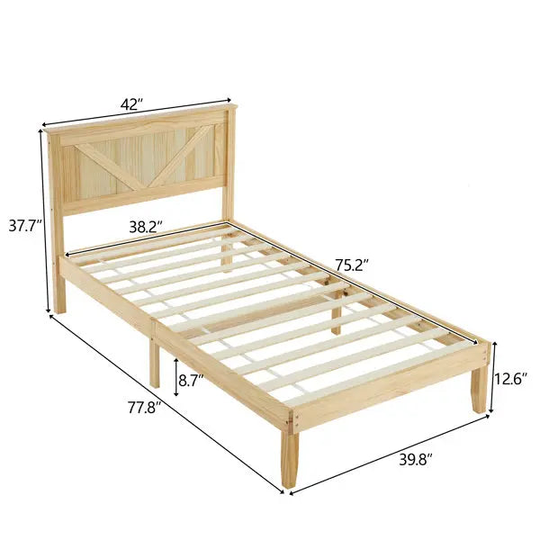 Slanted Headboard, No Footrest, Twin Wooden Bed In Natural Wood Color My Store