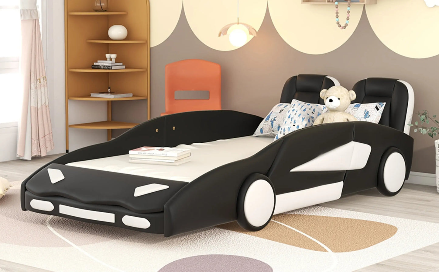 Twin Size Race Car-Shaped Platform Bed With Wheels, Black My Store
