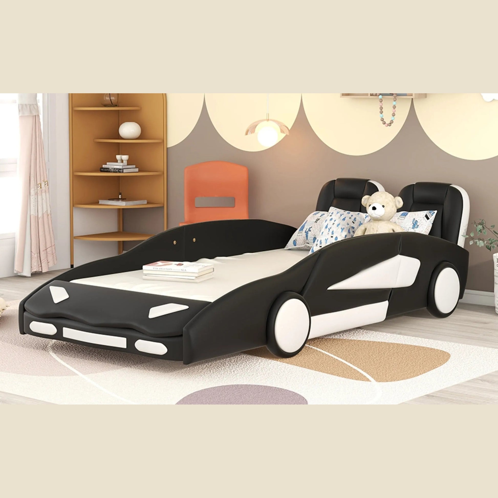 Twin Size Race Car-Shaped Platform Bed With Wheels, Black My Store