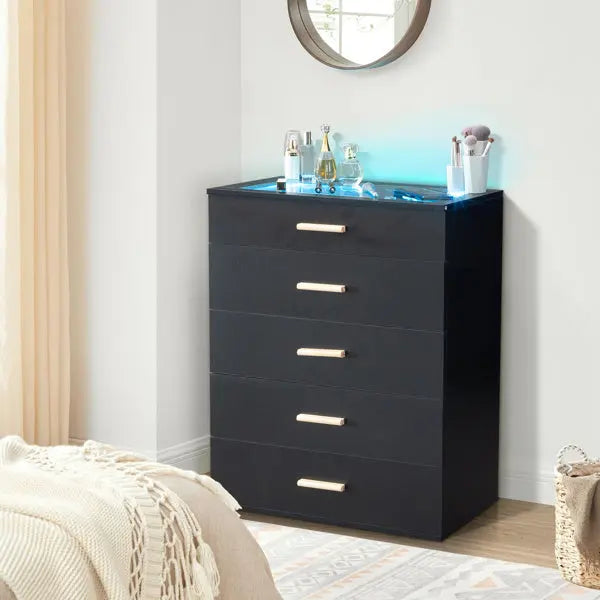 5-drawer Cabinet With Light Tempered Glass Cabinet And Bedside Table My Store