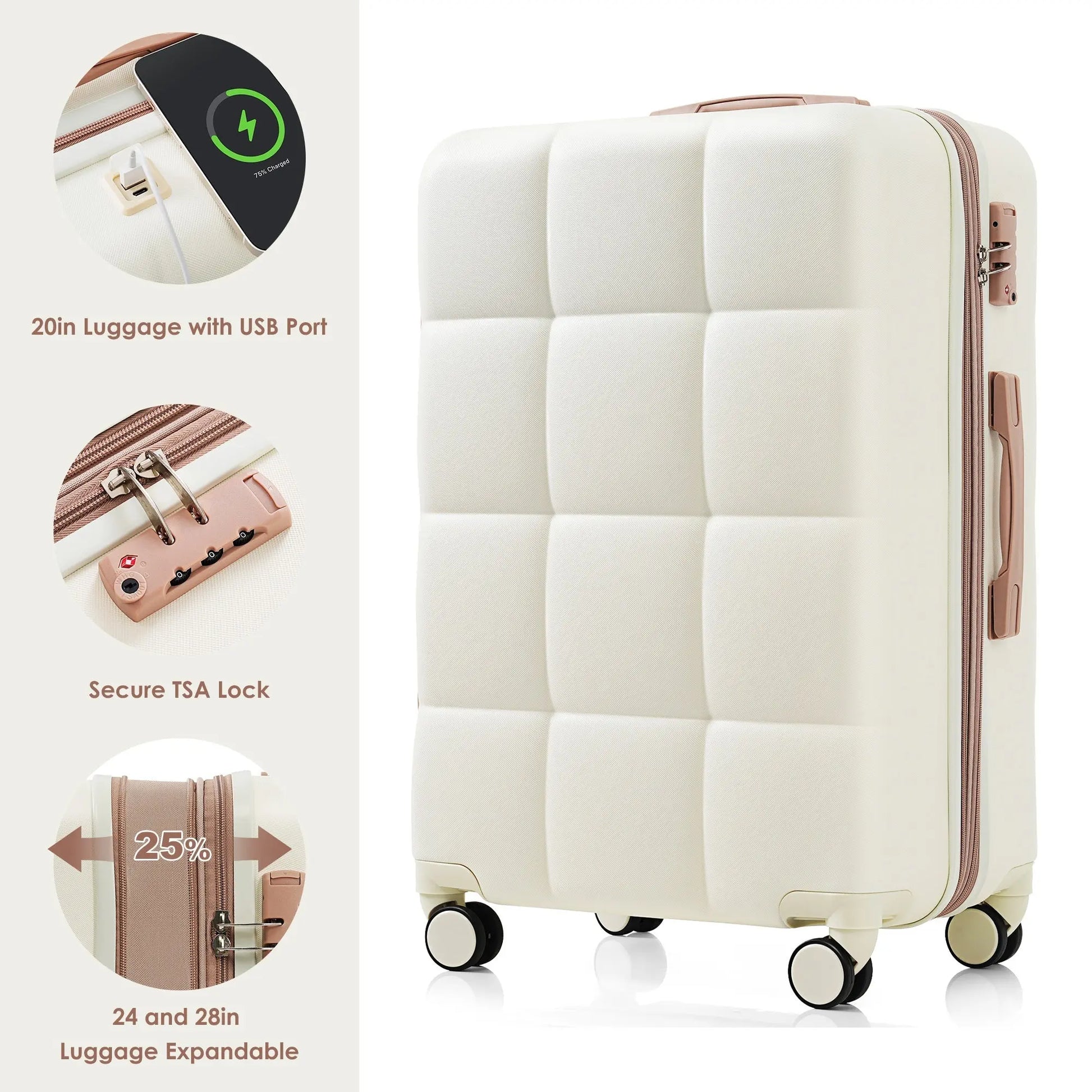 4-piece Suitcase Set With USB Port, Beige Inkedjoy