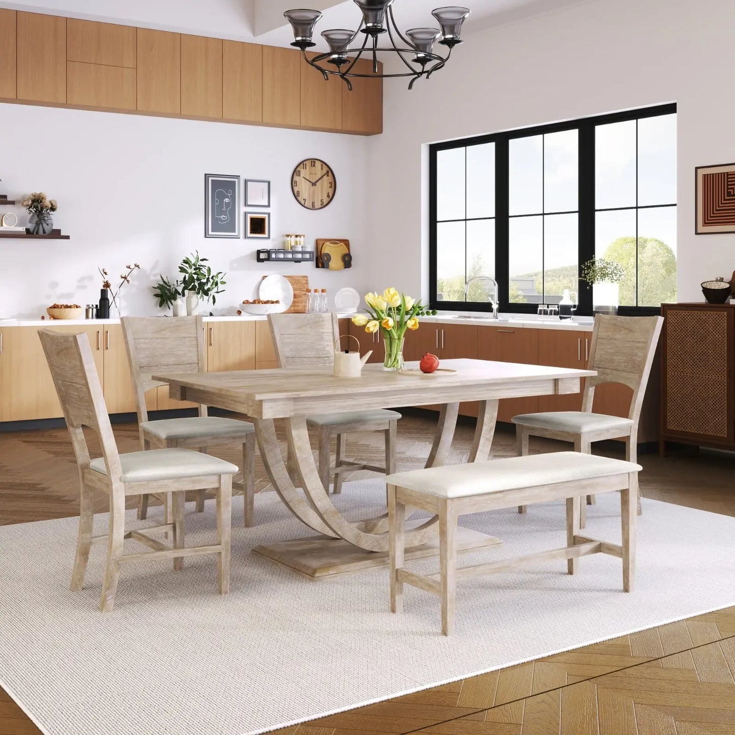 TOPMAX 6-Piece Wood Half Round Dining Table Set With Long Bench & 4 Chairs My Store