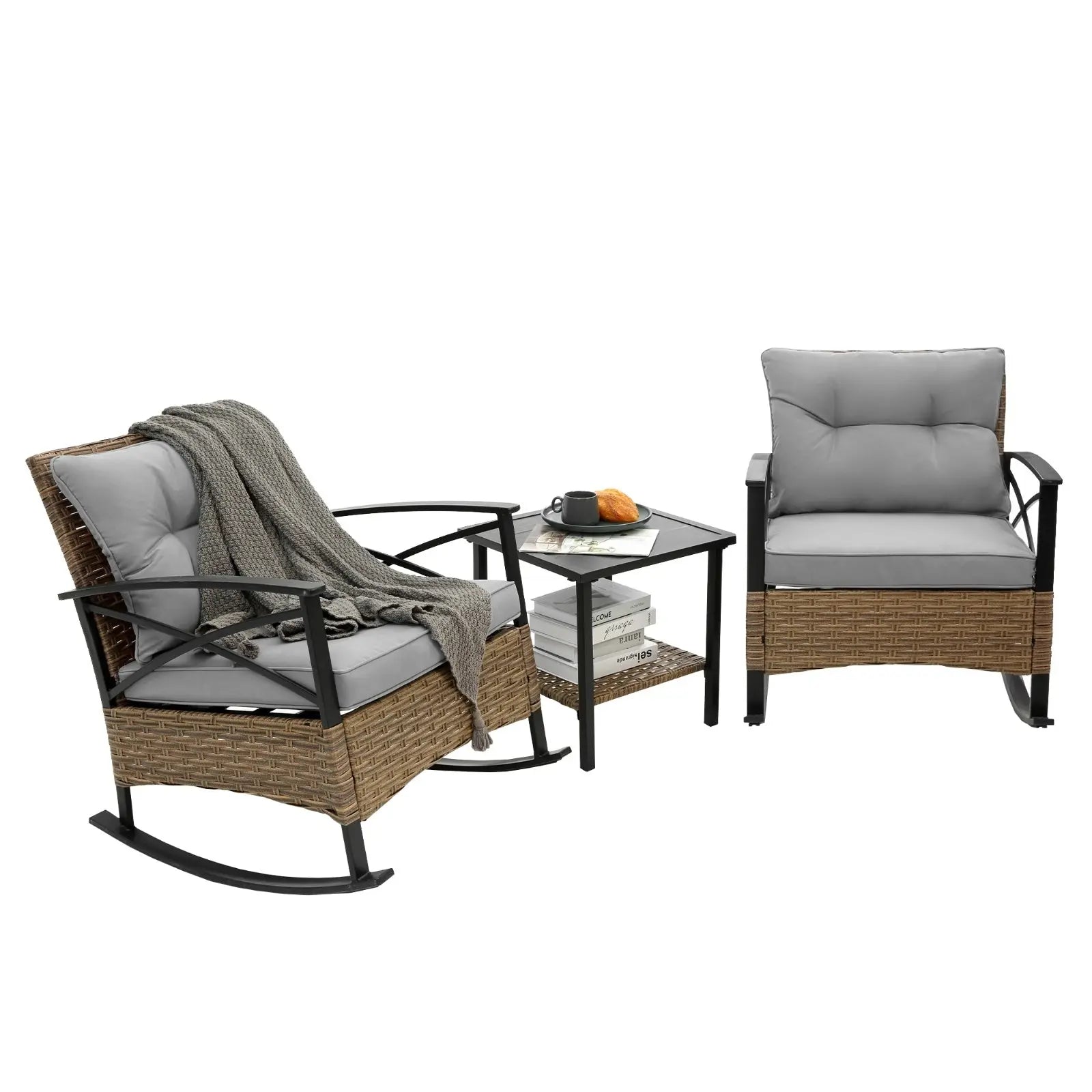 3pcs Rattan Rocking Chair Set Outdoor Leisure Grey My Store