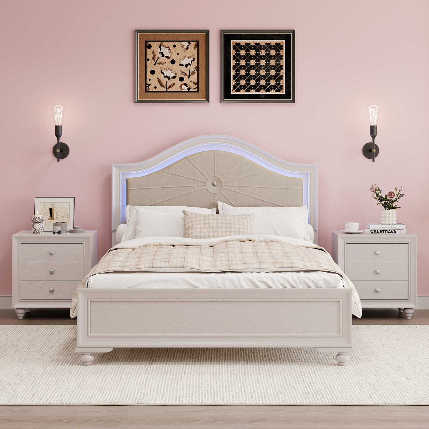 3 Pieces Bedroom Sets Full Size Wood Bed with Hidden LED Light Upholstered Headboard + 2 Nightstands, Cream Grey - Ohberri