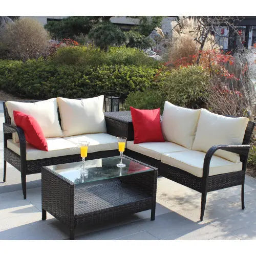 4 Piece Patio Sectional Wicker Rattan Outdoor Furniture Sofa Set With Storage Box Brown My Store