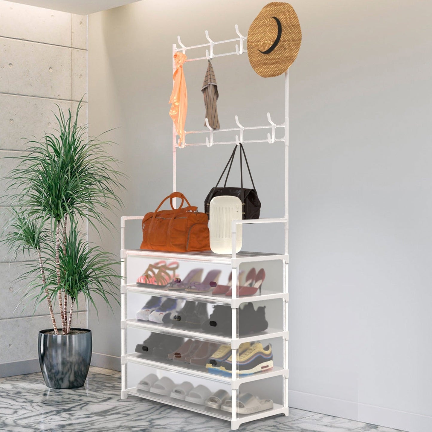 5 Tier Shoe Rack With Coat Rack - White Inkedjoy