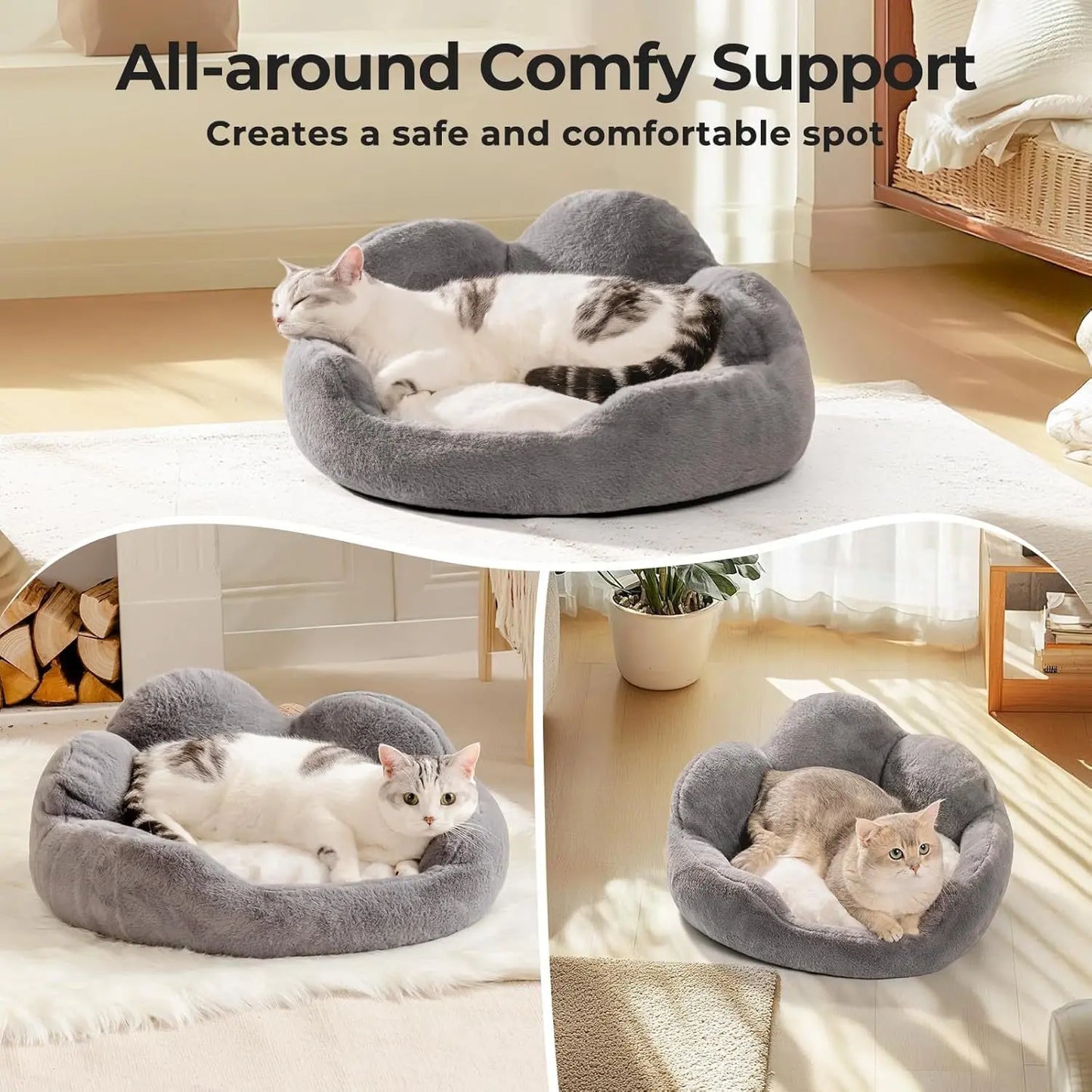 MEWOOFUN Cat Bed And Small Dog Bed, Fluffy Dog Bed Washable Cat Couch Bed, Cute Cat Bed For Indoor Cats, Flower Cat Sofa Bed With Non Slip Bottom, Pet Bed For Puppy And Kitten Grey, 23 My Store
