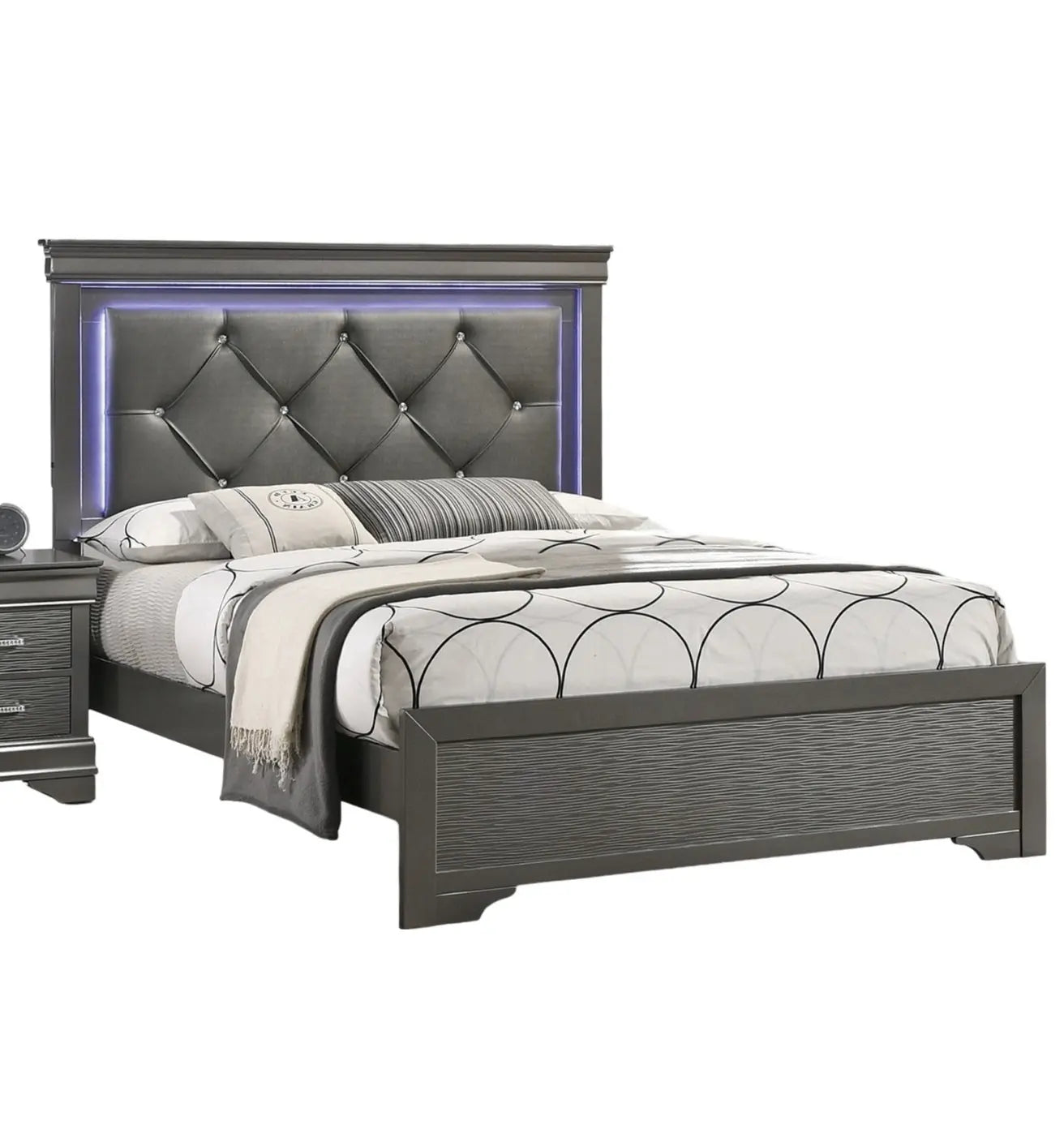 Dark Gray Faux Leather Tufted Headboard 1pc Queen Size Bed W LED Bedroom -Grey My Store