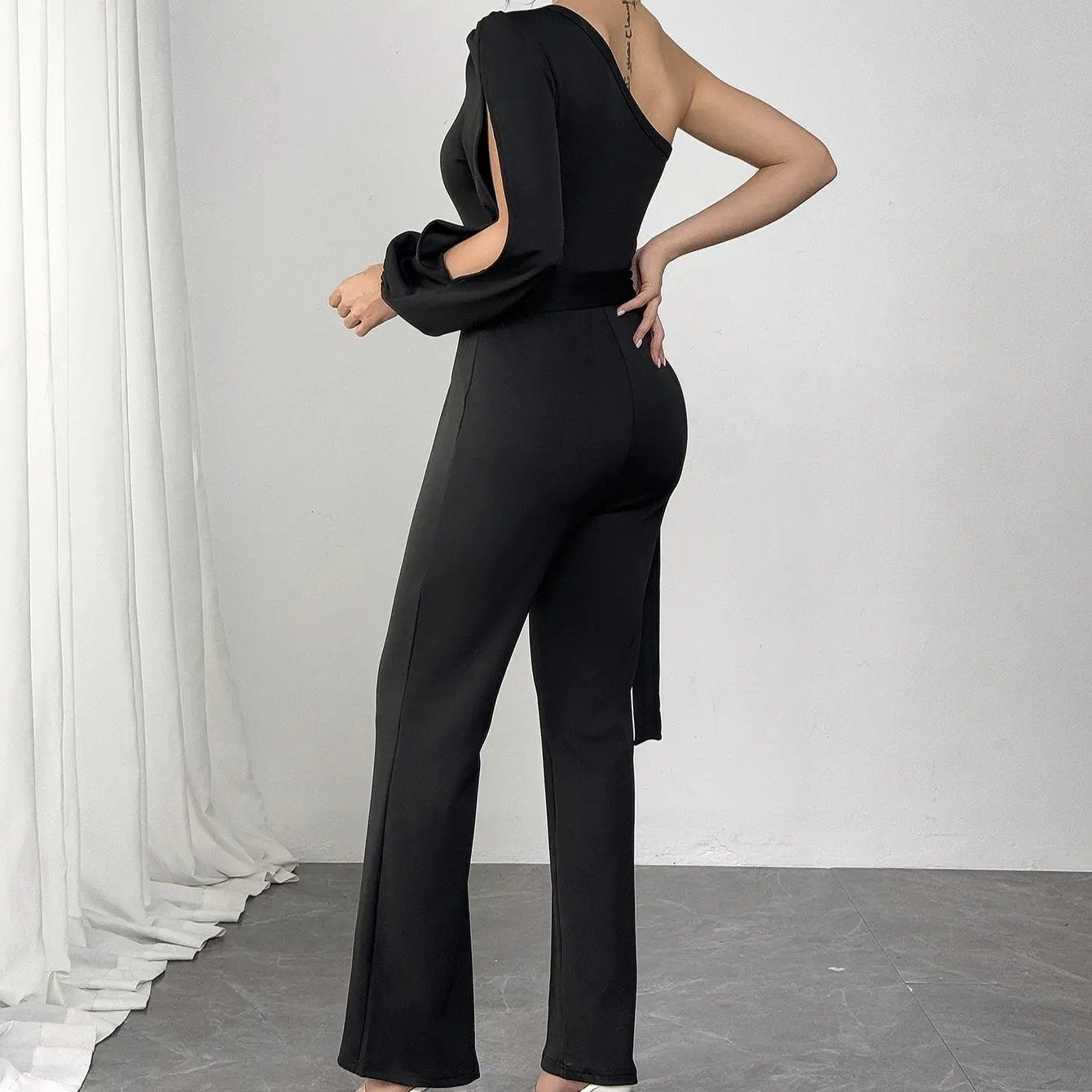 Ladies' Fashionable And Elegant Single Shoulder Design Slimming Jumpsuit Inkedjoy