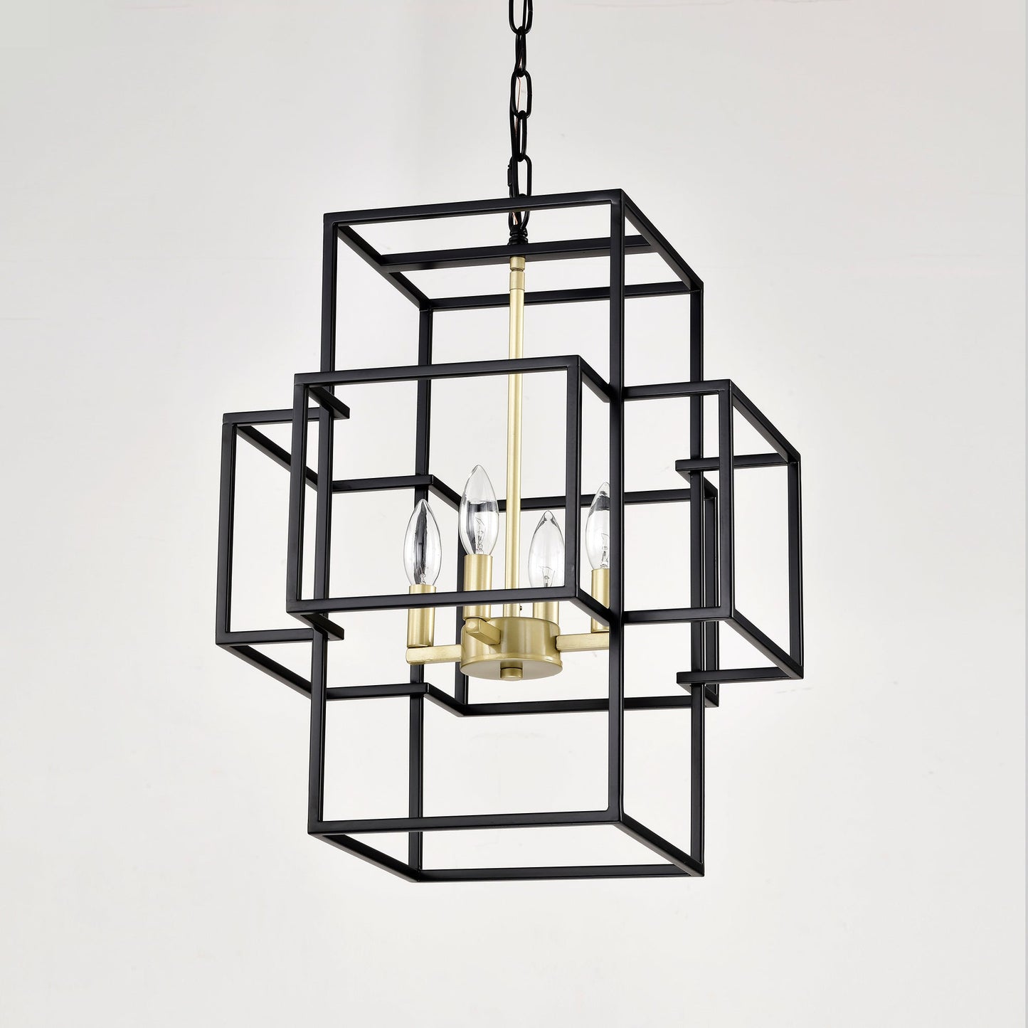 4-Light Metal Lantern Tiered Pendant Hanging Light Fixtures -Matte Black & Gold Inkedjoy