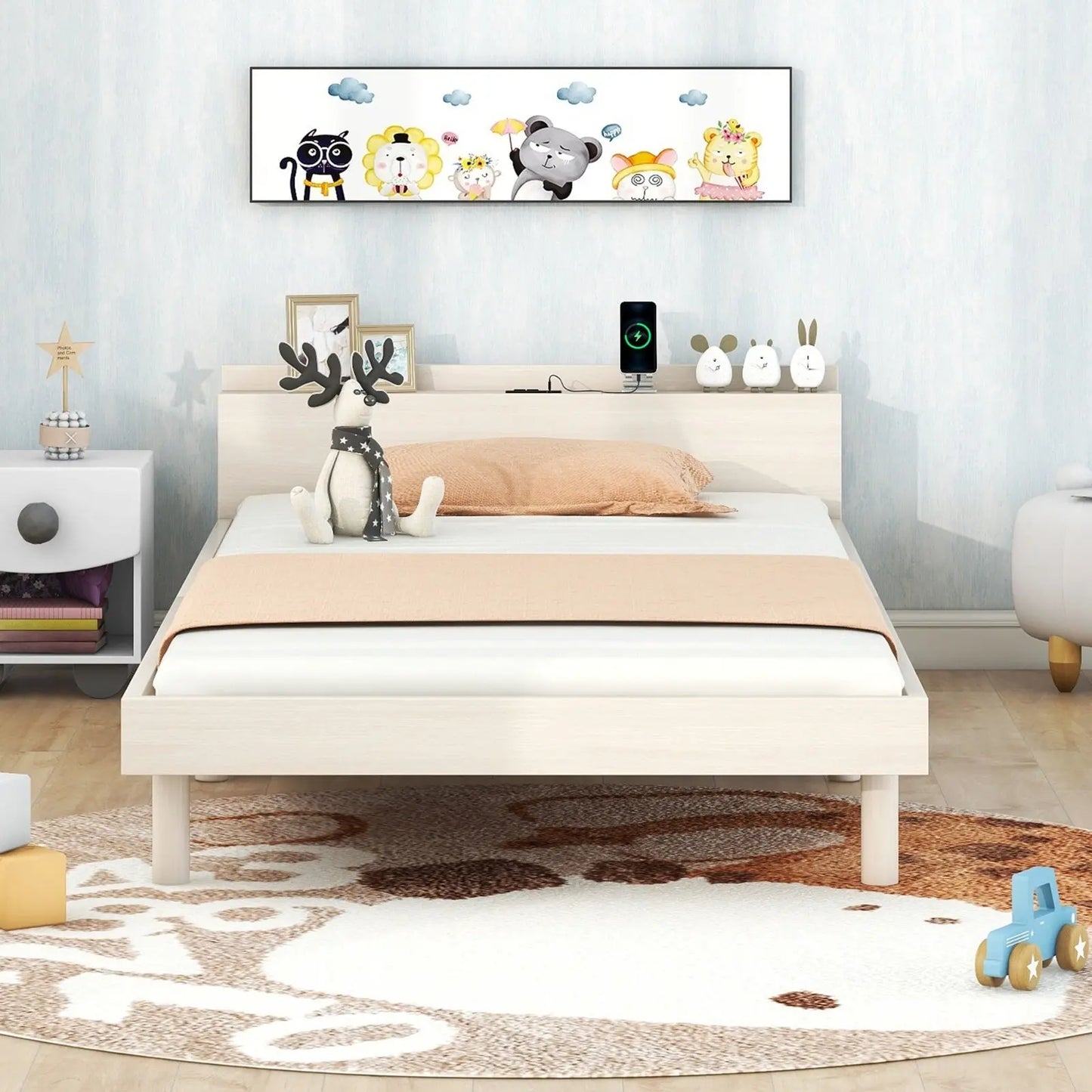 Modern Twin Platform Bed Frame With USB Ports, White Washed Color My Store