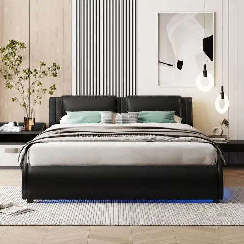 Full Size Upholstered Faux Leather Platform Bed With LED Light Bed Frame With Slatted - Black My Store