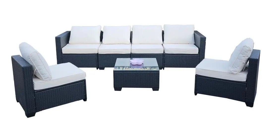Seven-Piece Sofa Set Table With Sofa Chair Black PE Rattan With Color Cushion My Store