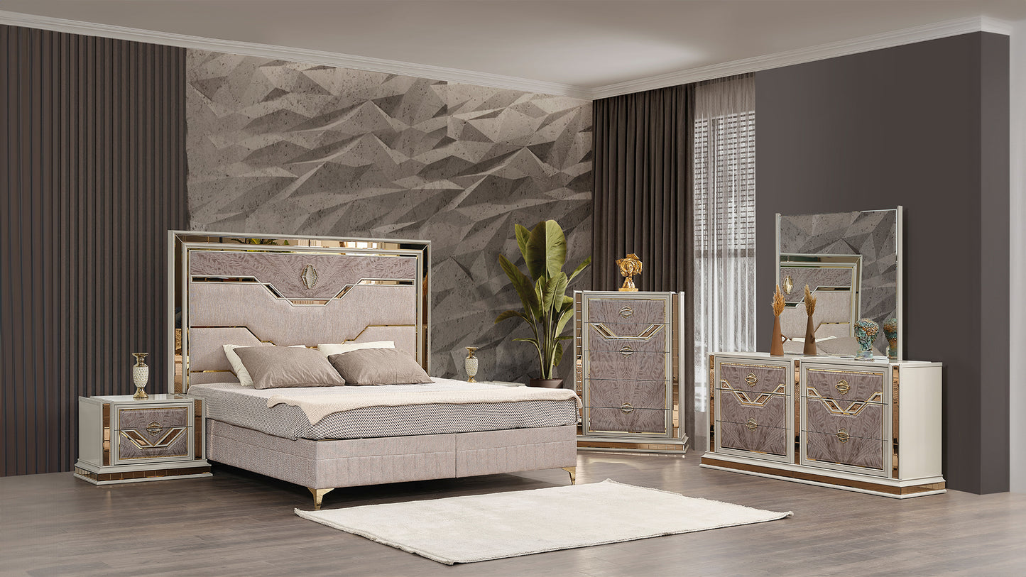 5 Piece Queen Upholstered Bedroom Set with Wood and Gold Accents in Beige - Ohberri