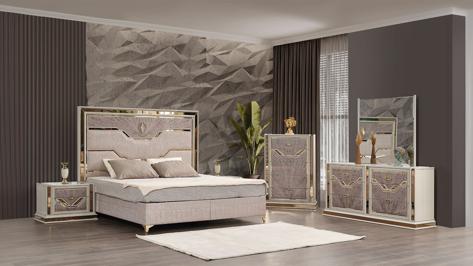 5 Piece Queen Upholstered Bedroom Set with Wood and Gold Accents in Beige - Ohberri