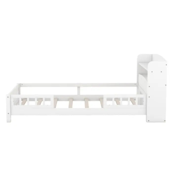 Wood Twin Size Platform Bed With Built-in LED Light, Storage Headboard And Guardrail, White My Store