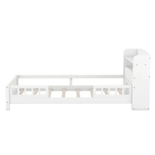 Wood Twin Size Platform Bed With Built-in LED Light, Storage Headboard And Guardrail, White My Store