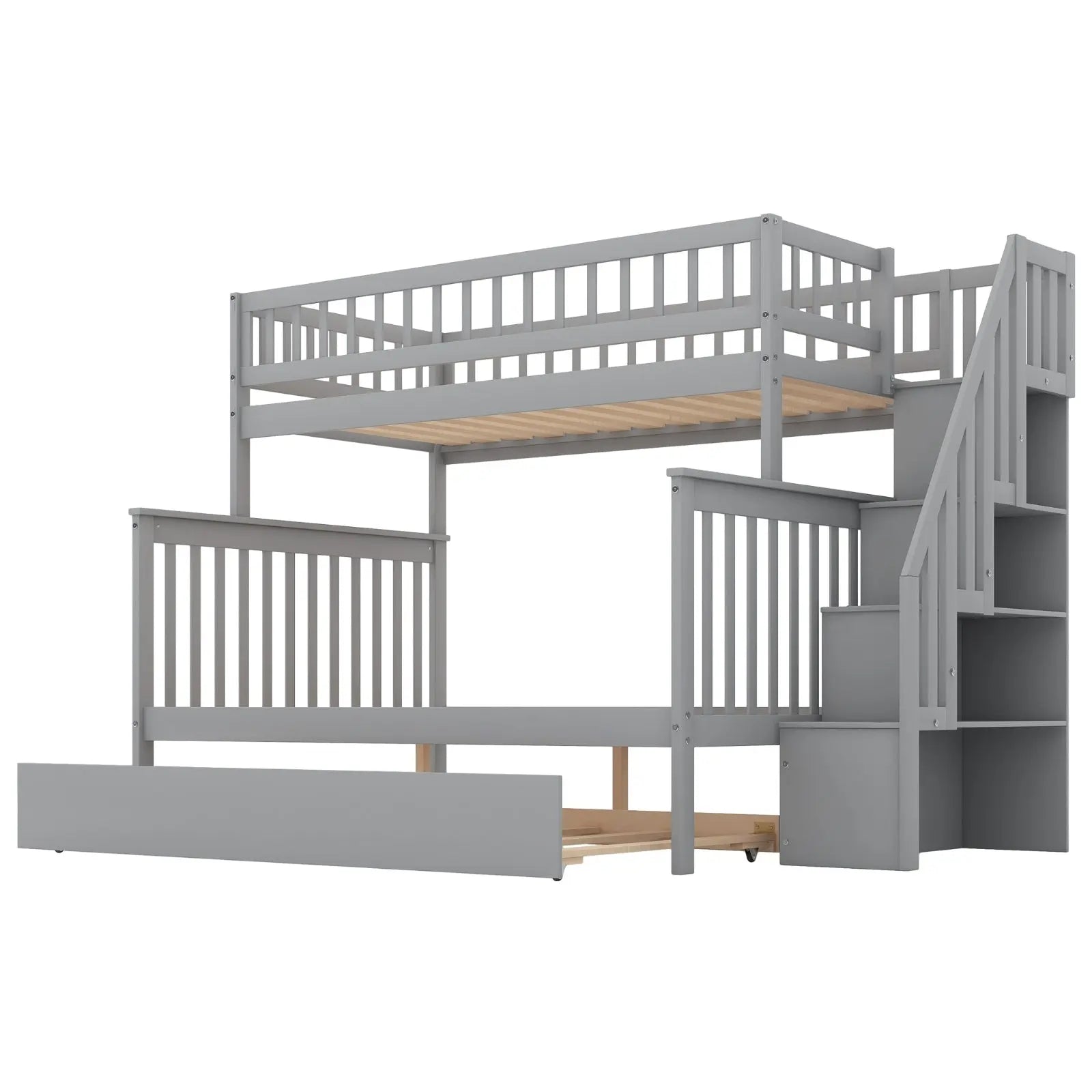 Twin Over Full Bunk Bed With Trundle And Staircase,Gray My Store
