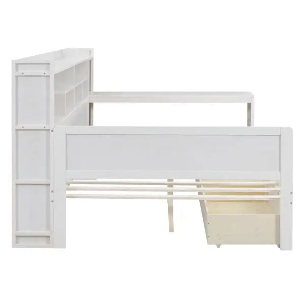 Wooden Full-size Sofa Bed With Storage Rack, Multifunctional Bed With Two Storage Drawers And Desk, Antique White My Store